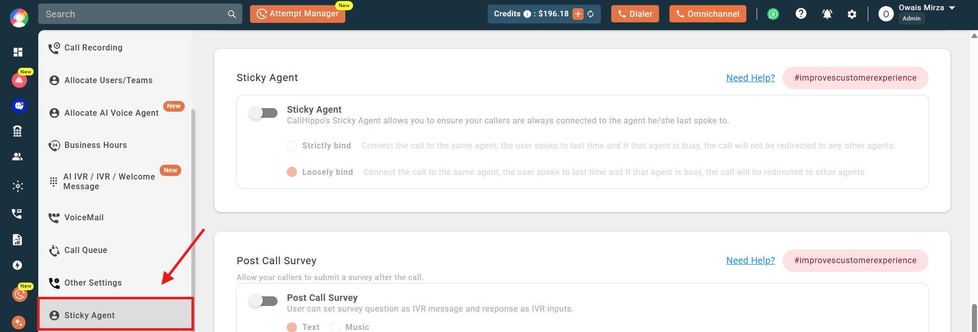 Number settings sidebar with the Sticky Agent option highlighted