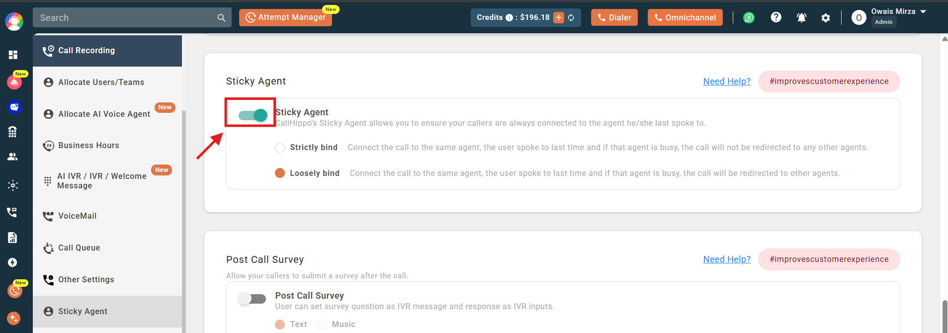 Sticky Agent section with the enable toggle turned on and highlighted