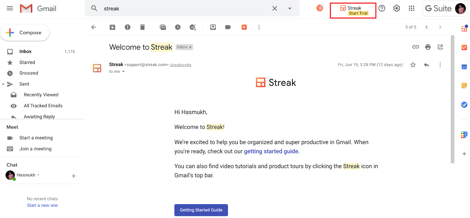 Gmail with the Streak extension icon highlighted in the top bar