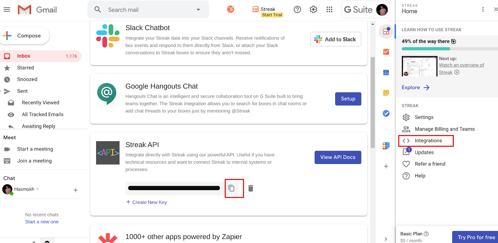Streak Integrations page showing the Streak API key with the copy button highlighted