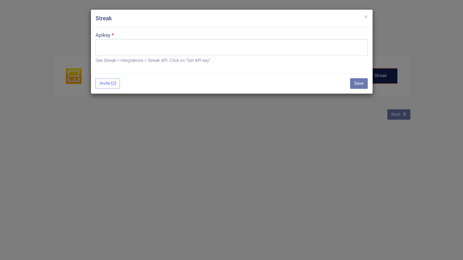 CallHippo Streak popup with a field to paste the Streak API key and a Save button