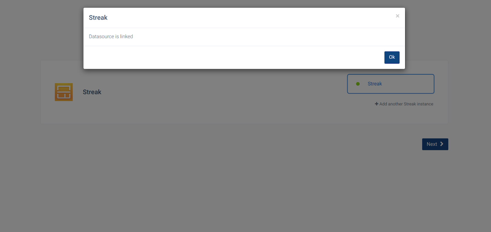 CallHippo confirmation that the Streak datasource is linked with an Ok button