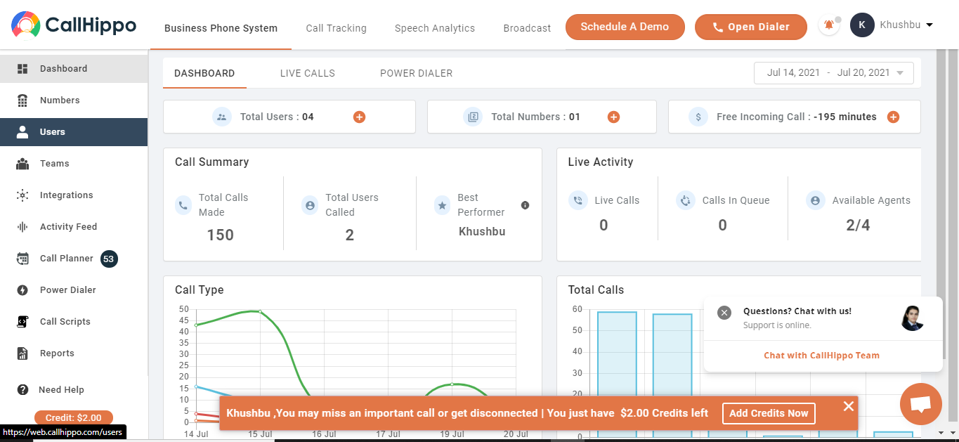 CallHippo admin dashboard with the Users option in the left navigation