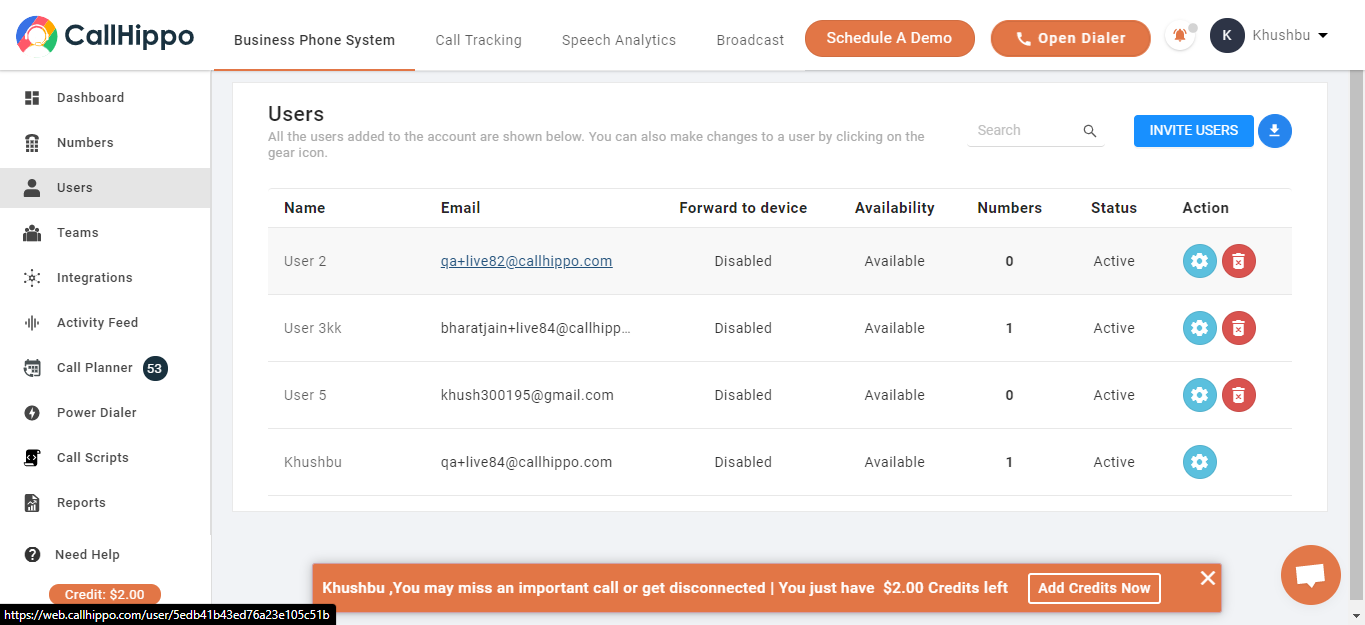 CallHippo Users list showing sub-users and the gear icon to edit a user
