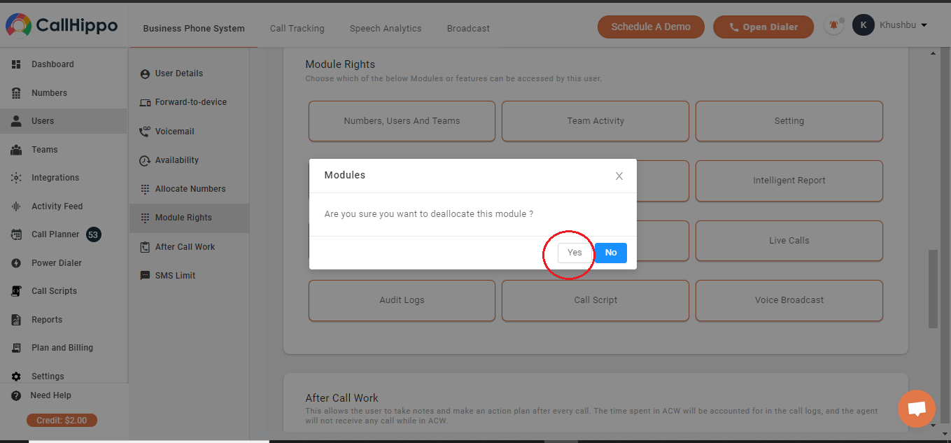 Modules confirmation dialog asking to confirm deallocating a module with Yes highlighted