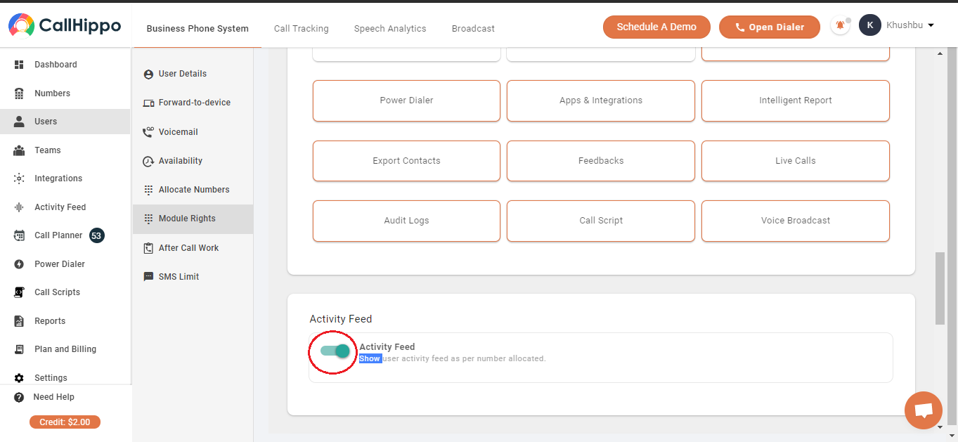Activity Feed toggle switched on to show user activity feed as per number allocated