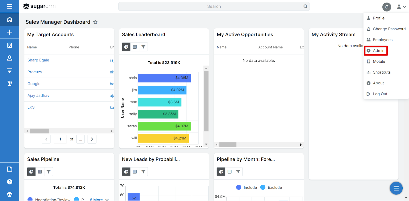 SugarCRM profile menu with the Admin option highlighted
