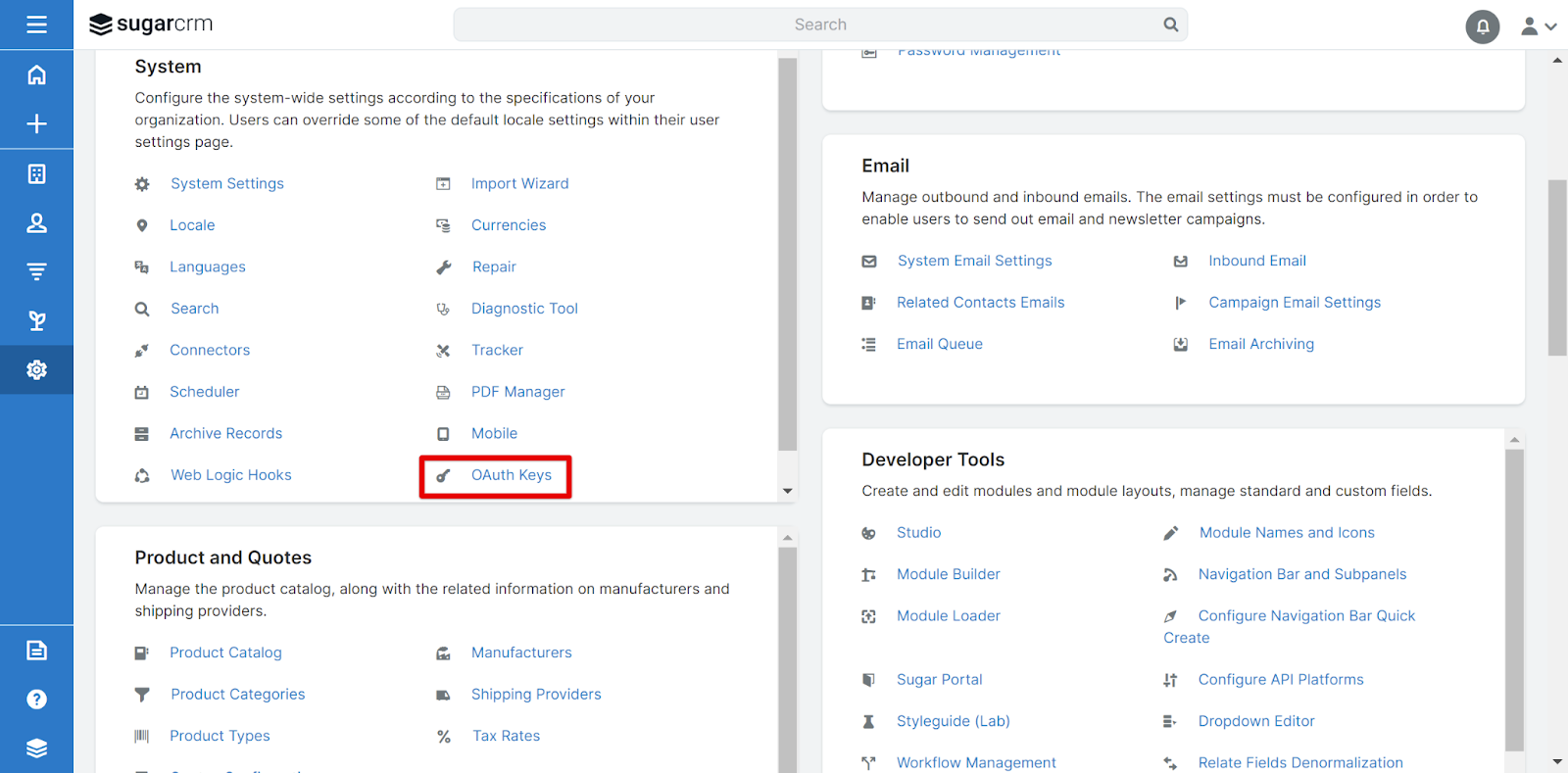 SugarCRM Admin panel with OAuth Keys highlighted under System