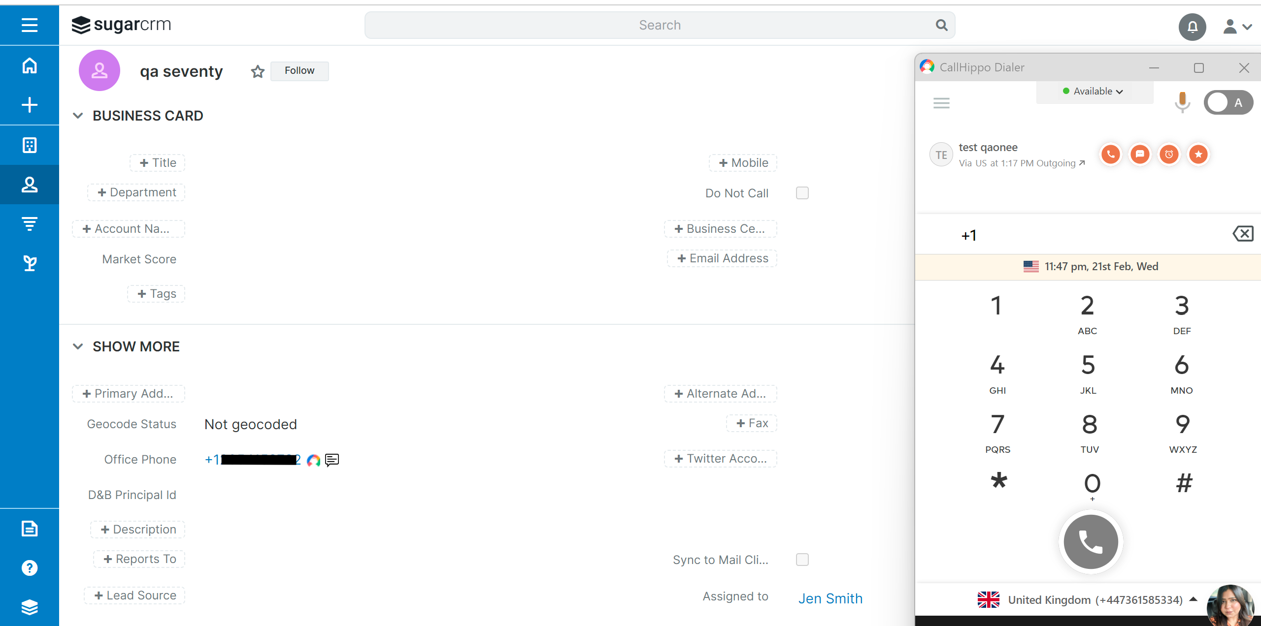 SugarCRM contact page with the CallHippo dialer open on the right