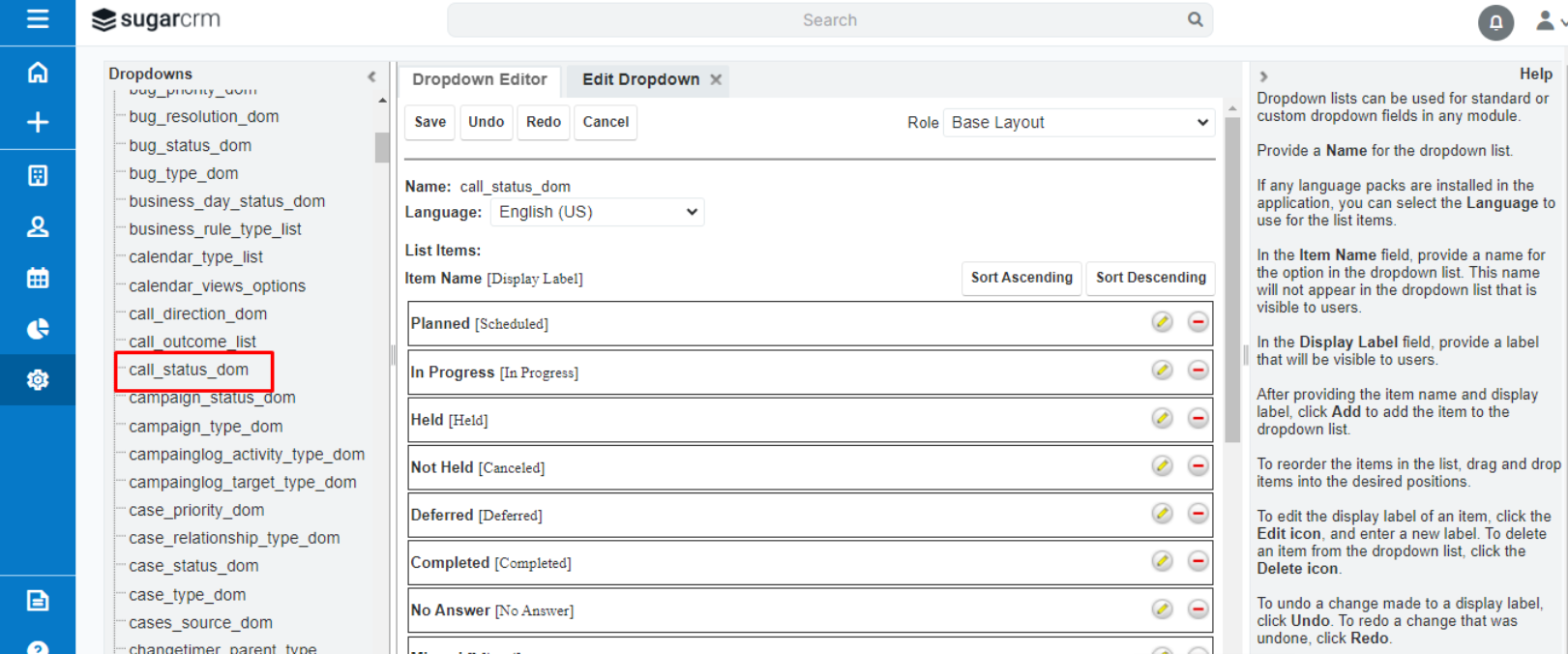 SugarCRM Dropdown Editor editing the call_status_dom list