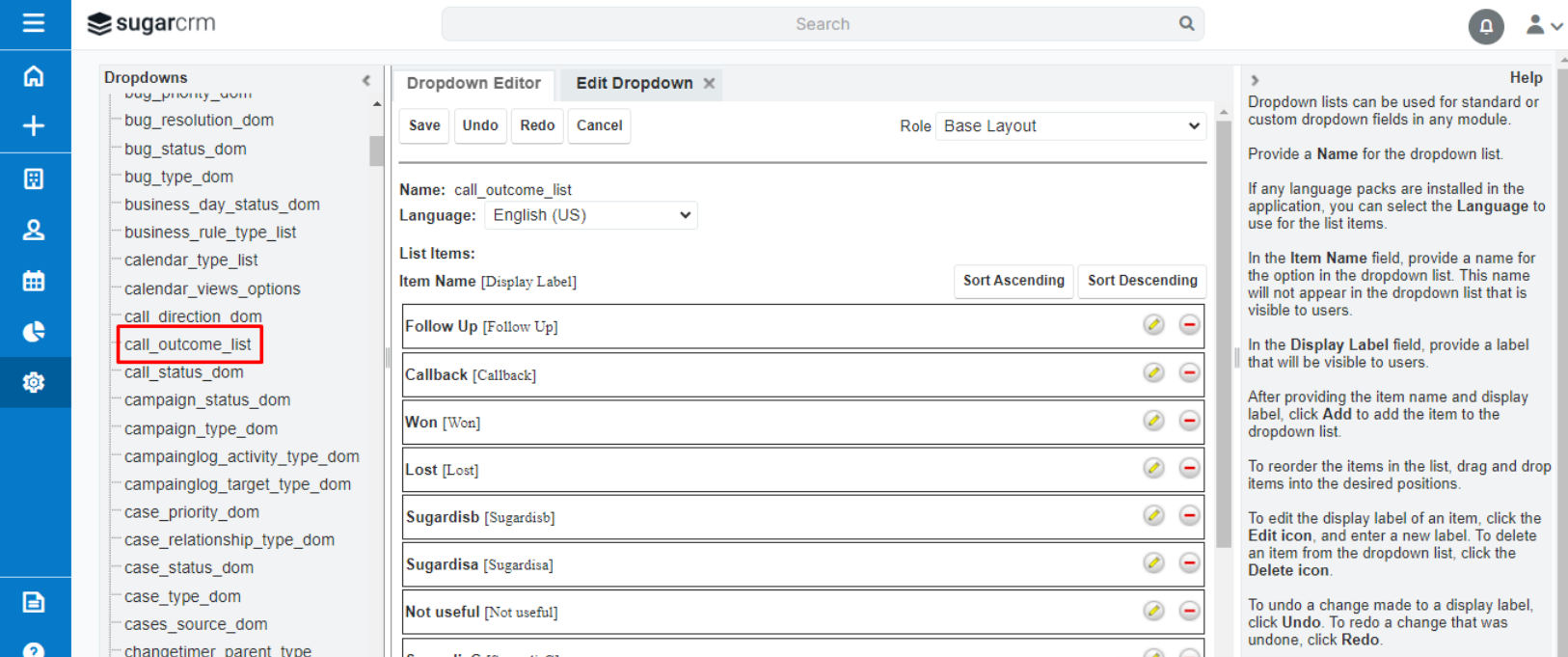 SugarCRM Dropdown Editor editing the call_outcome_list for dispositions