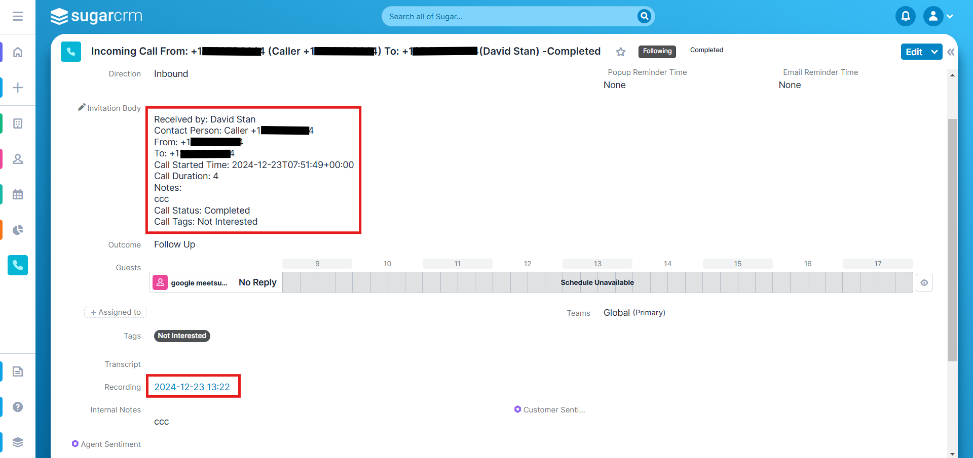 SugarCRM call activity record showing call notes, status, tags, disposition and recording link