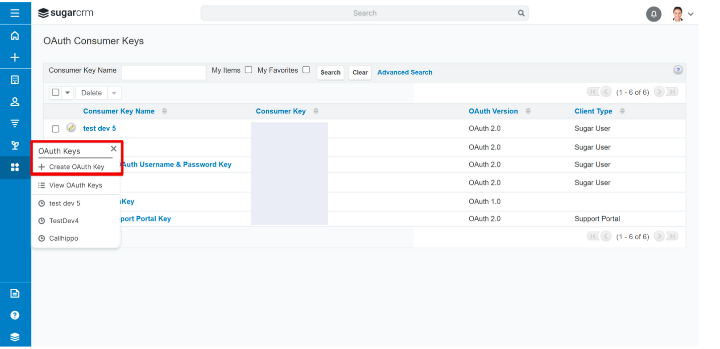 SugarCRM OAuth Consumer Keys list with Create OAuth Key option highlighted
