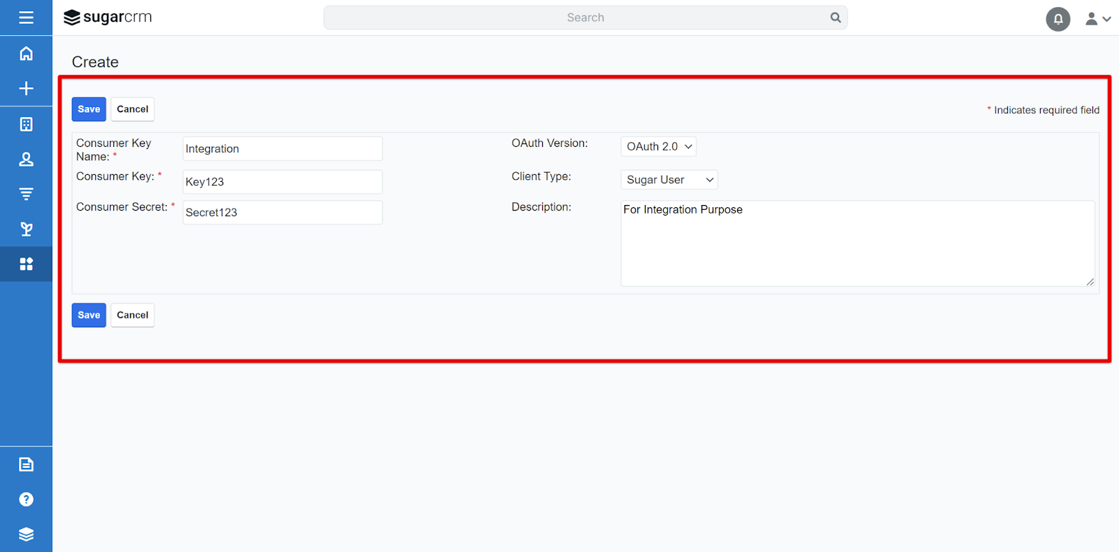 SugarCRM Create OAuth Key form with consumer key name, key, secret, OAuth version and client type