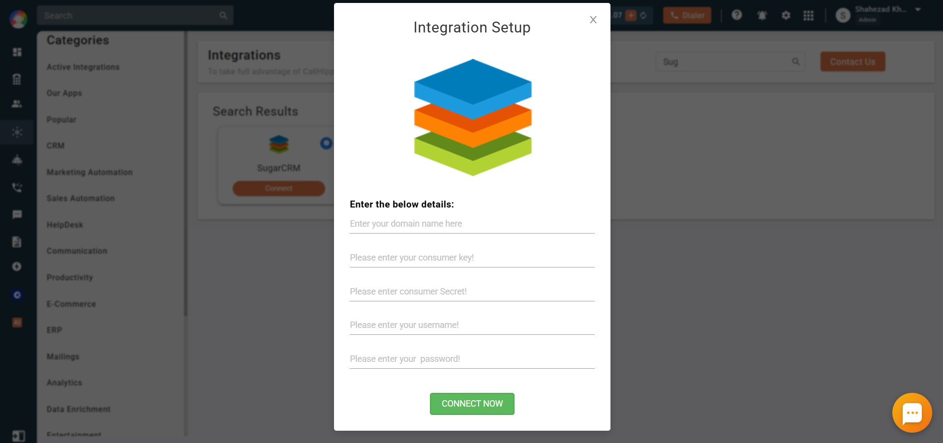 CallHippo SugarCRM setup popup with fields for domain, consumer key, consumer secret, username and password