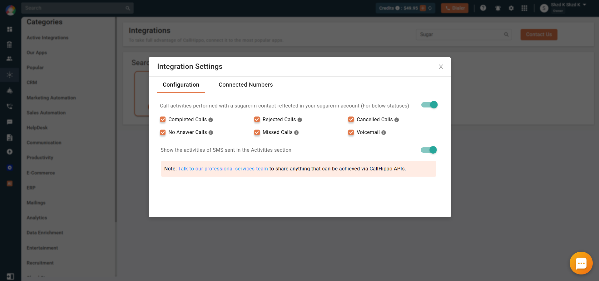 CallHippo SugarCRM Integration Settings Configuration tab with call status toggles