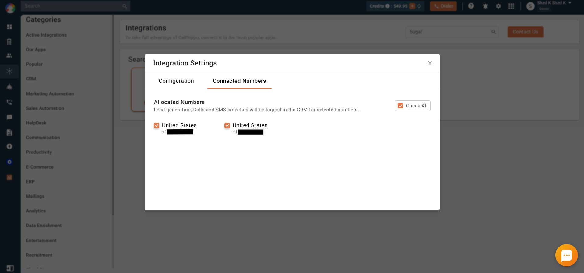 CallHippo SugarCRM Connected Numbers tab for selecting which numbers log activity