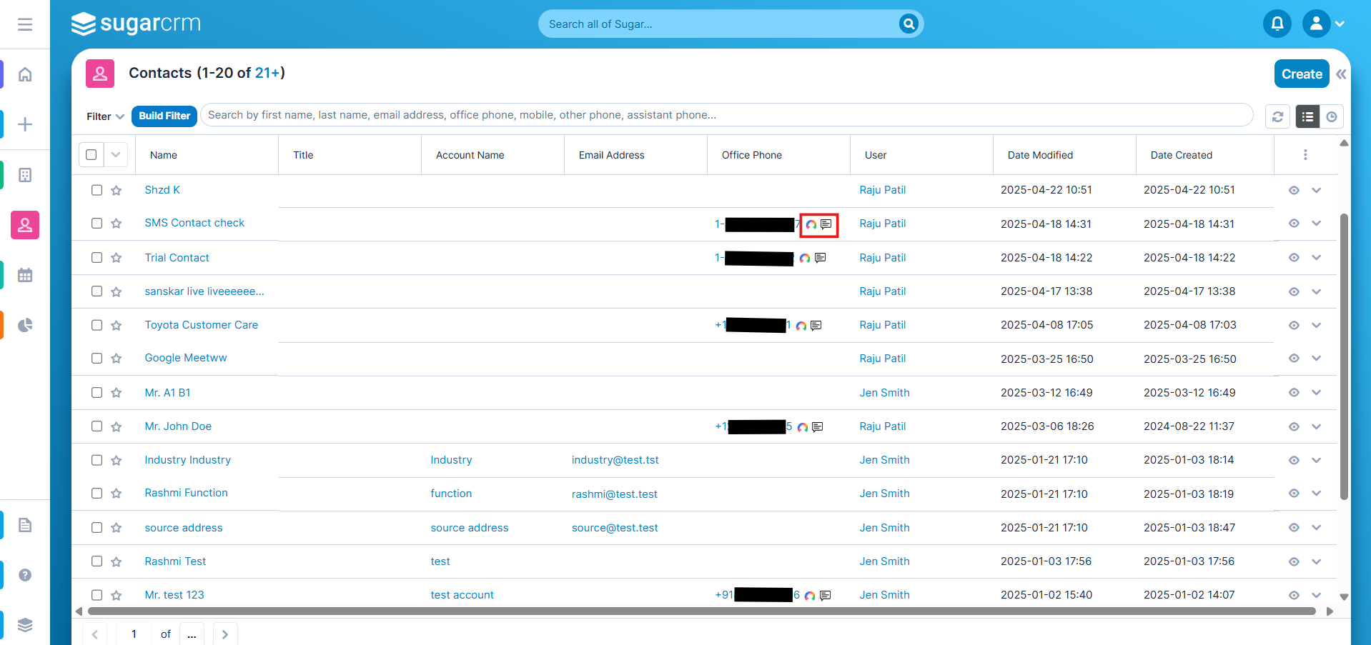 SugarCRM Contacts list with the CallHippo click-to-call and SMS icons next to a phone number