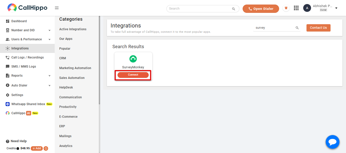 CallHippo Integrations search results with the SurveyMonkey Connect button highlighted