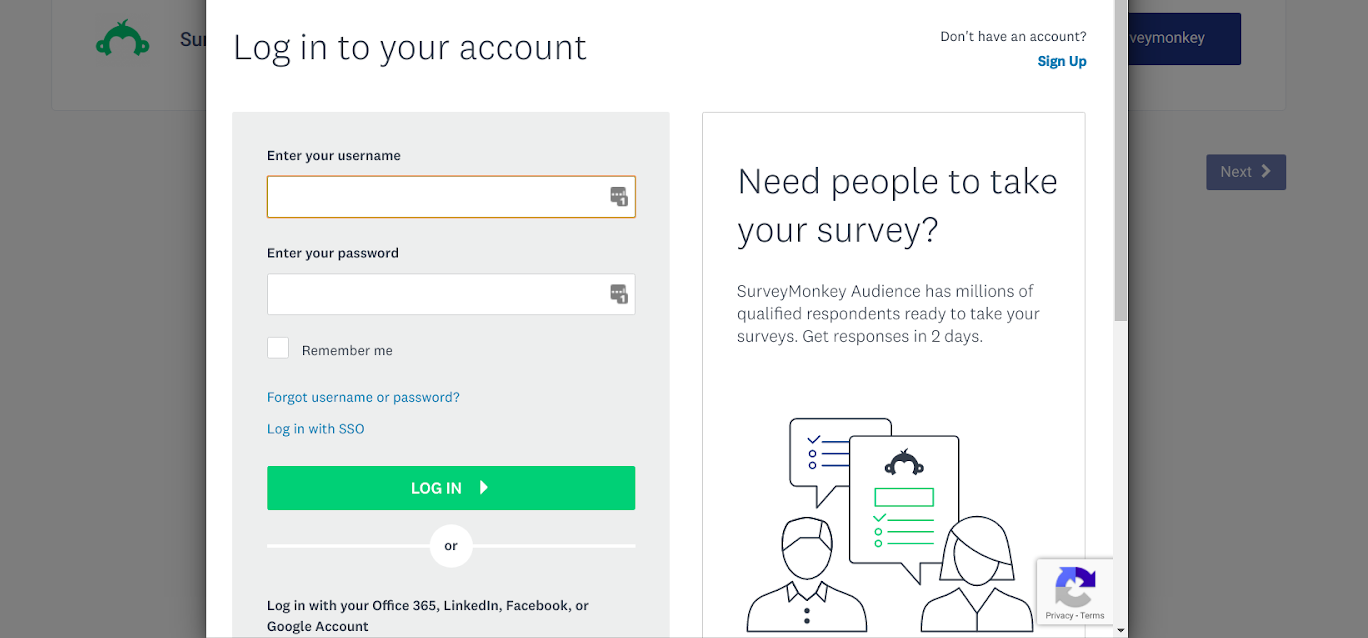 SurveyMonkey login page asking for username and password