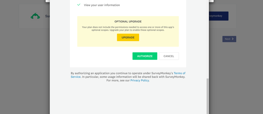SurveyMonkey authorization screen with the Authorize button