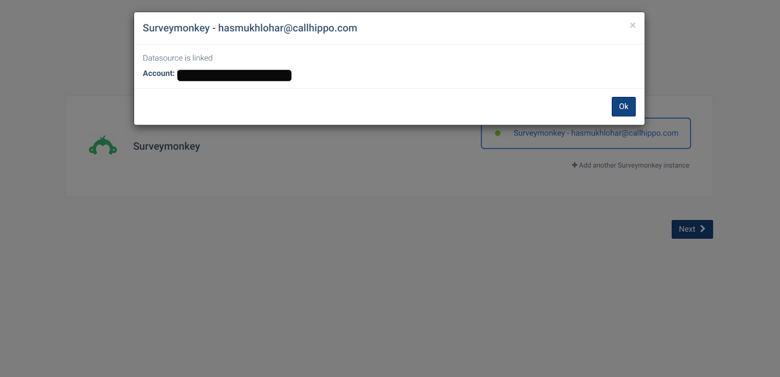CallHippo confirmation that the SurveyMonkey datasource is linked