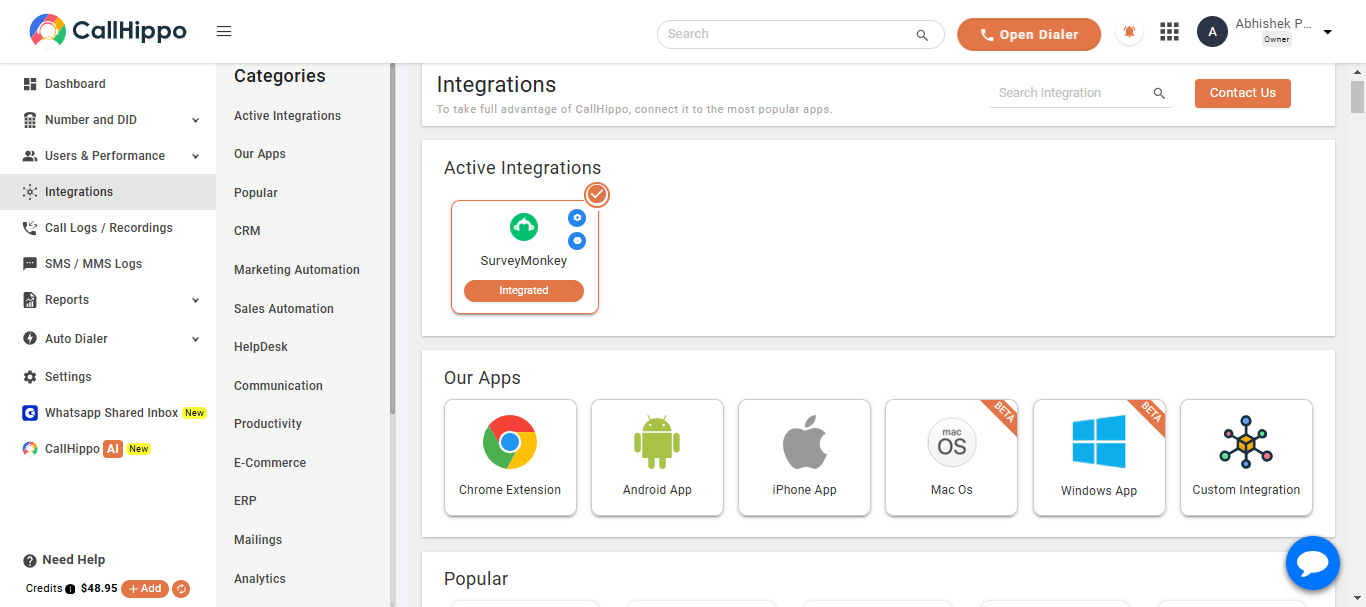 CallHippo Active Integrations showing SurveyMonkey marked as Integrated