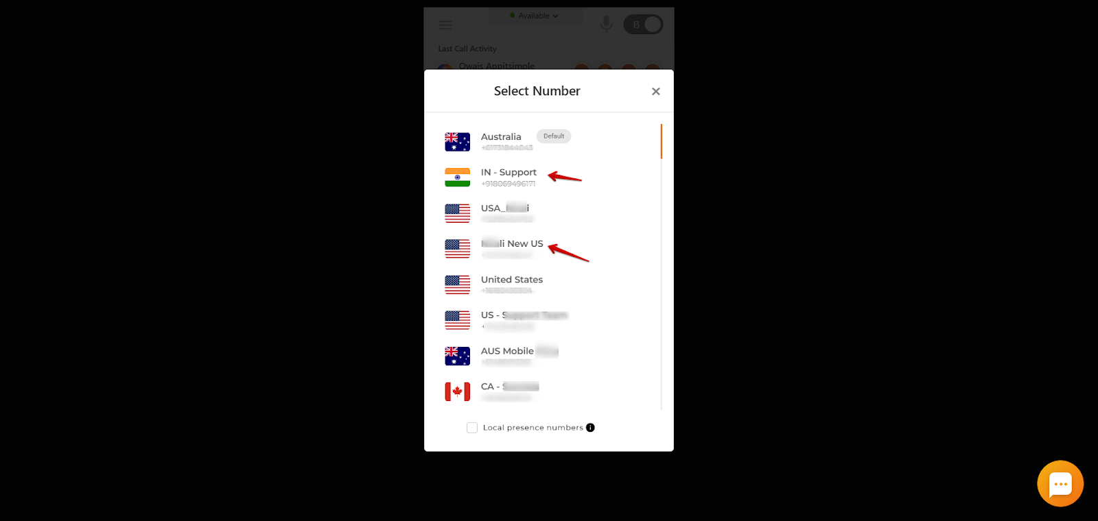 Select Number popup in the CallHippo dialer listing available phone numbers by country