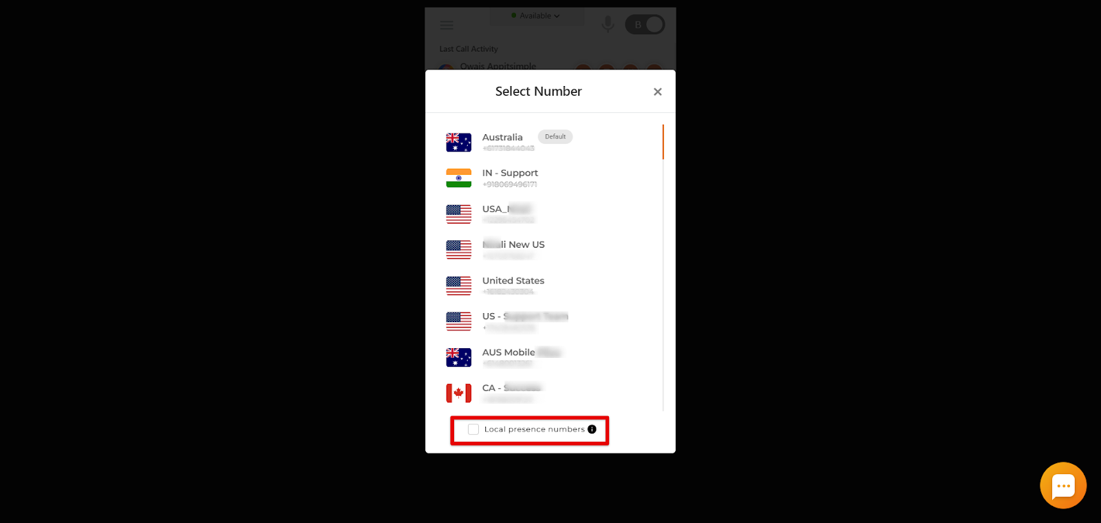Select Number popup with the Local presence numbers checkbox highlighted at the bottom