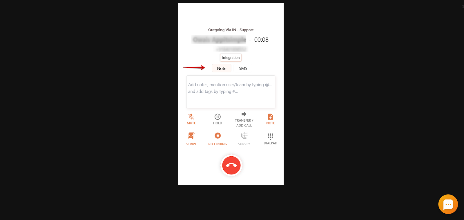 CallHippo dialer with the Note field highlighted for mentioning users and adding tags