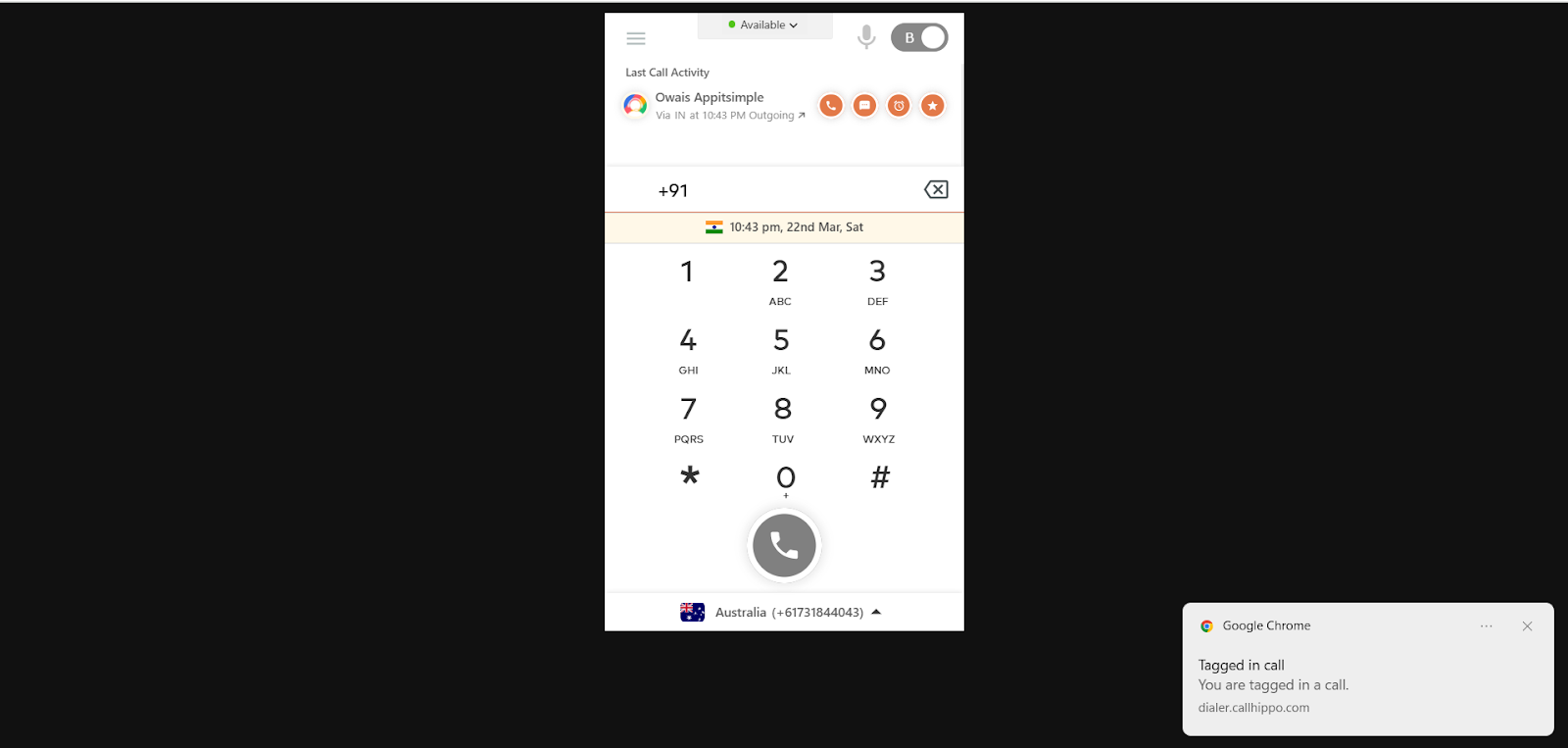 CallHippo web app showing a Tagged in call push notification