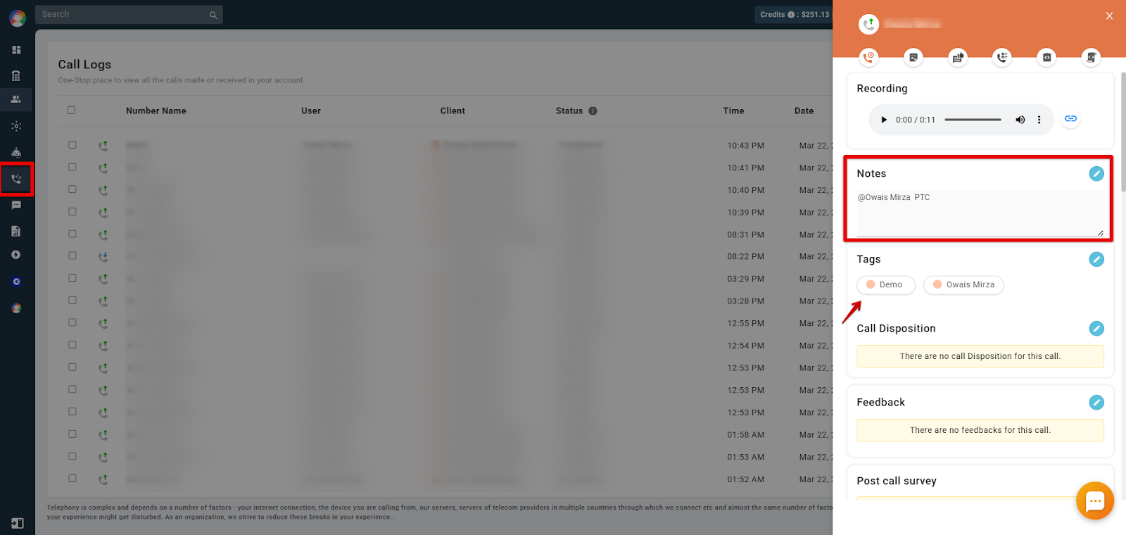 CallHippo Call Logs detail panel showing Notes and Tags applied to a call