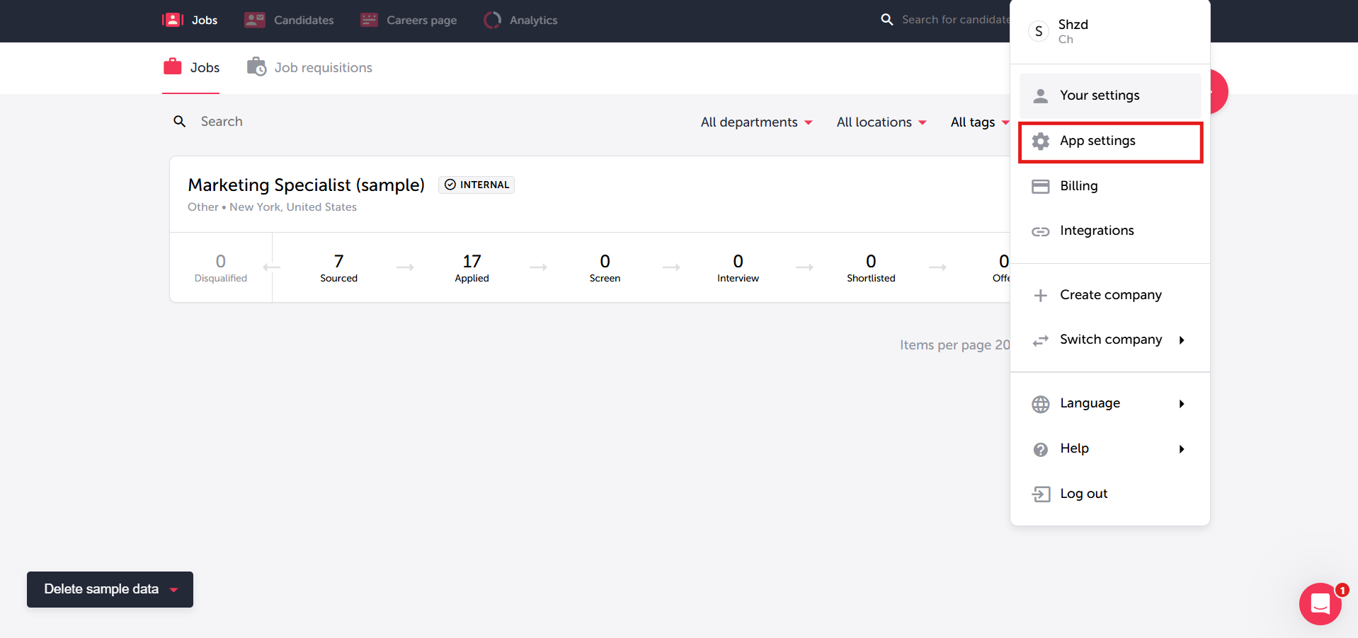 TalentLyft profile menu with App settings option highlighted