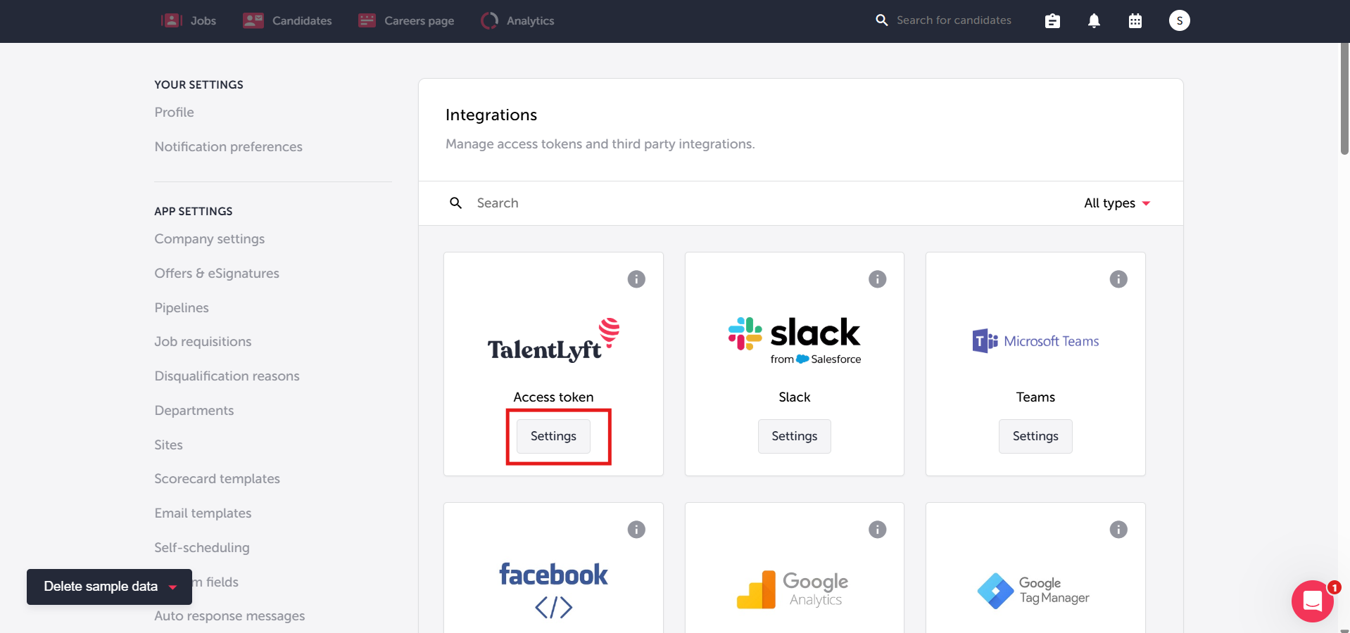 TalentLyft Integrations page with Access token Settings button highlighted