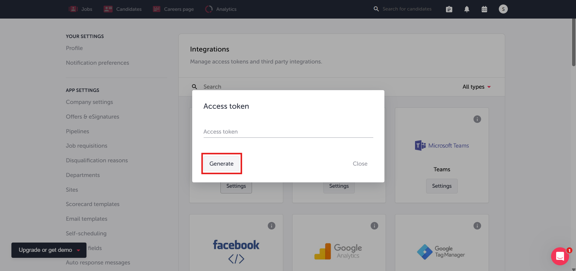 TalentLyft Access token dialog with Generate button highlighted