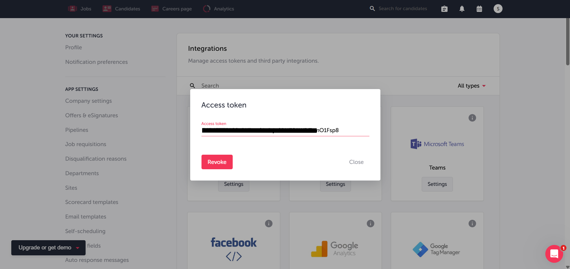 TalentLyft access token generated and ready to copy