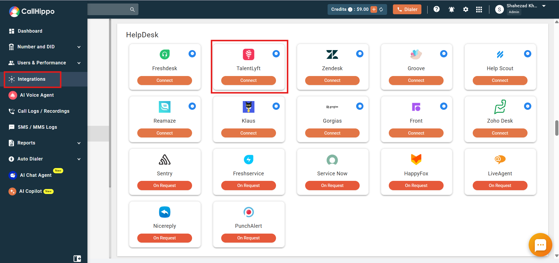 CallHippo Integrations HelpDesk section with TalentLyft Connect highlighted
