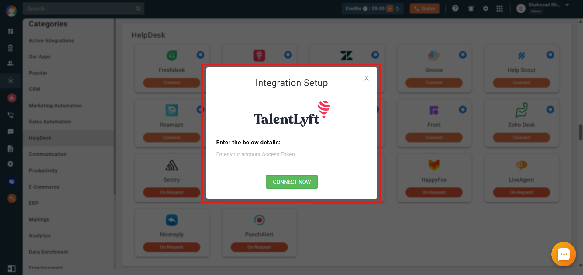 CallHippo Integration Setup popup to enter TalentLyft access token and Connect Now