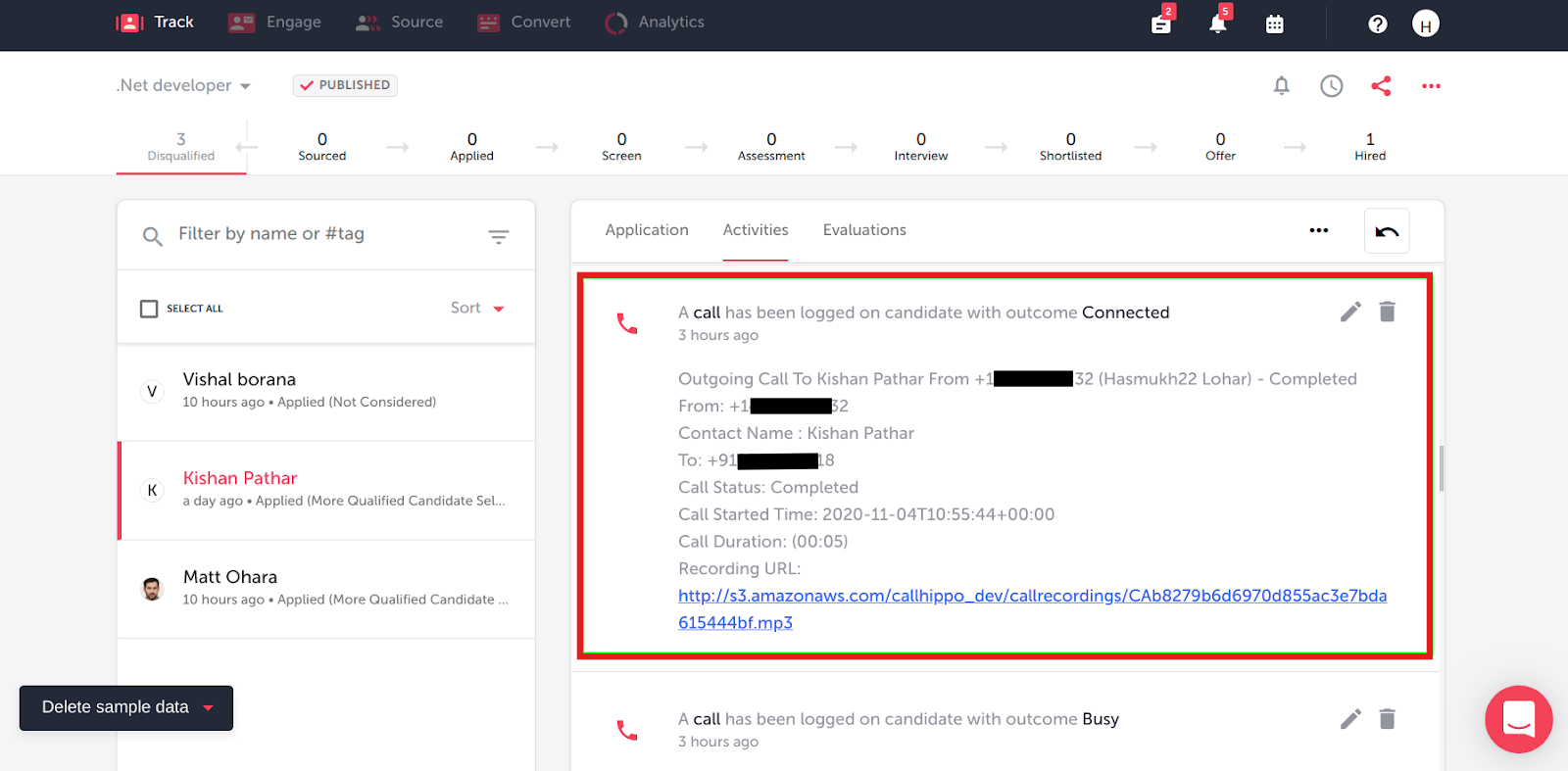 TalentLyft candidate Activities tab showing a logged CallHippo call