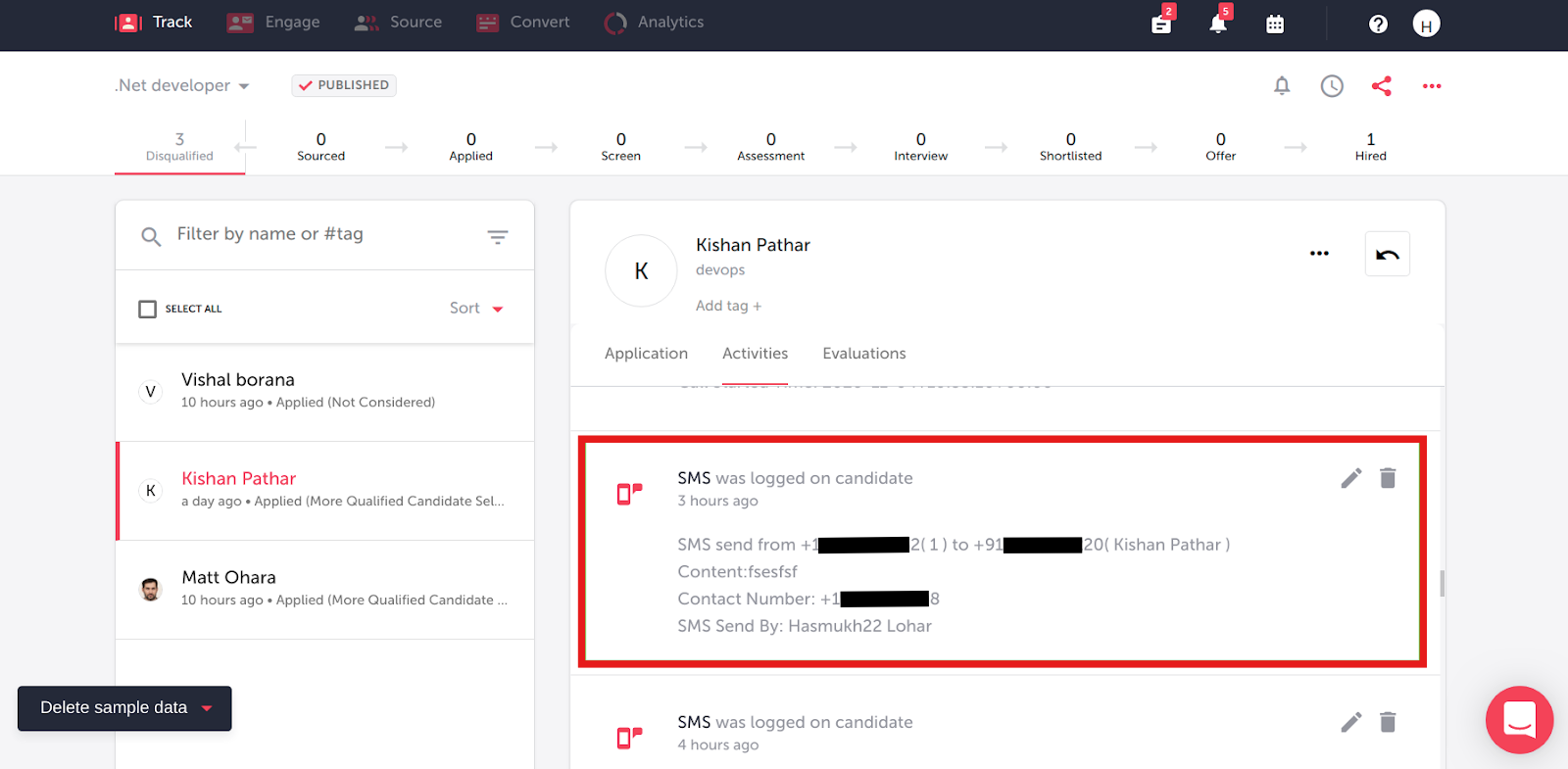 TalentLyft candidate Activities tab showing a logged CallHippo SMS
