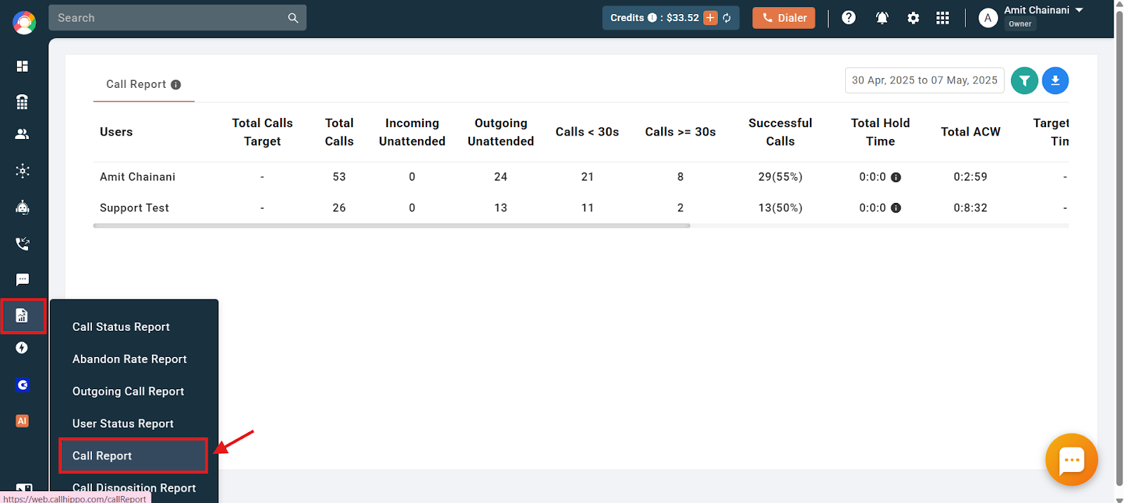 Call Report option in the Reports menu of the CallHippo dashboard