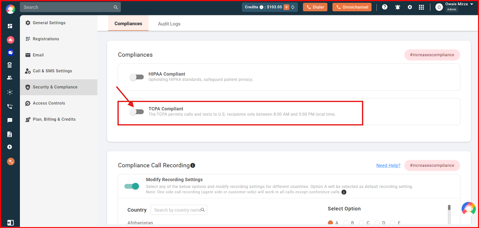 TCPA Compliant toggle switch in CallHippo settings