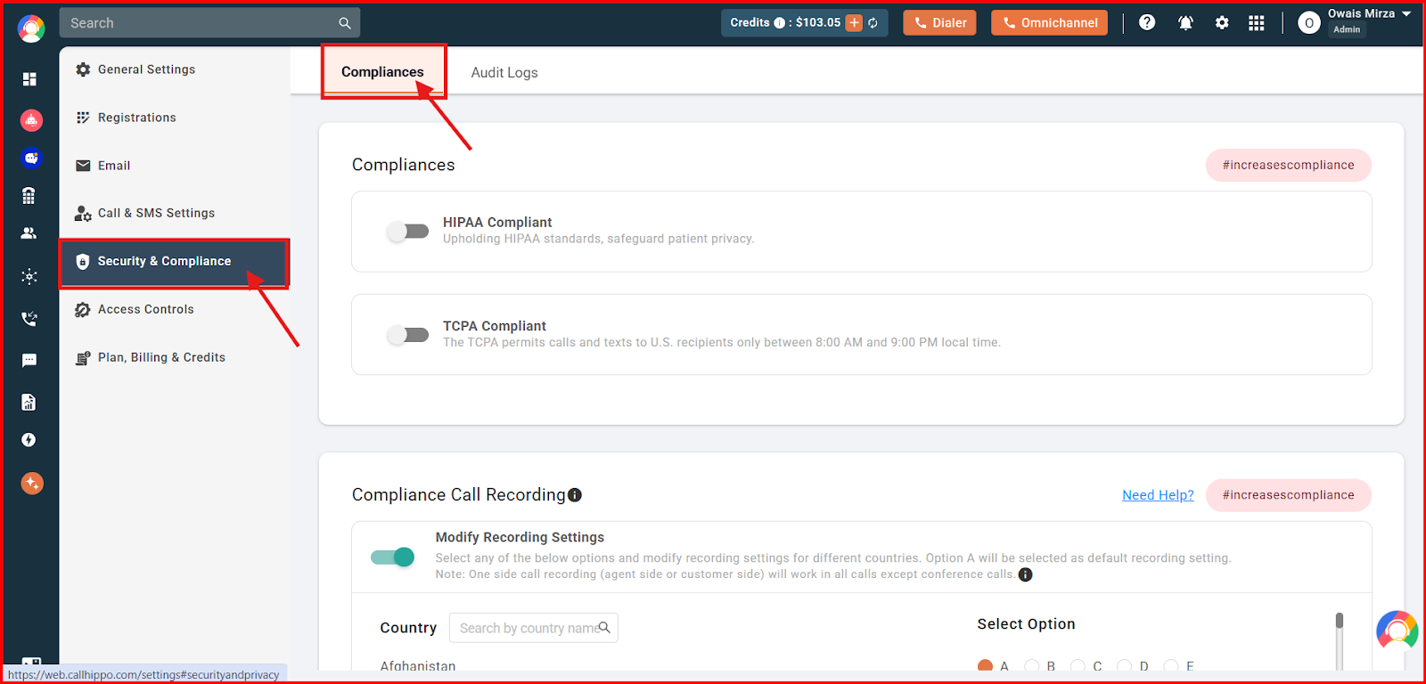 Security and Compliance section with the Compliances tab in CallHippo