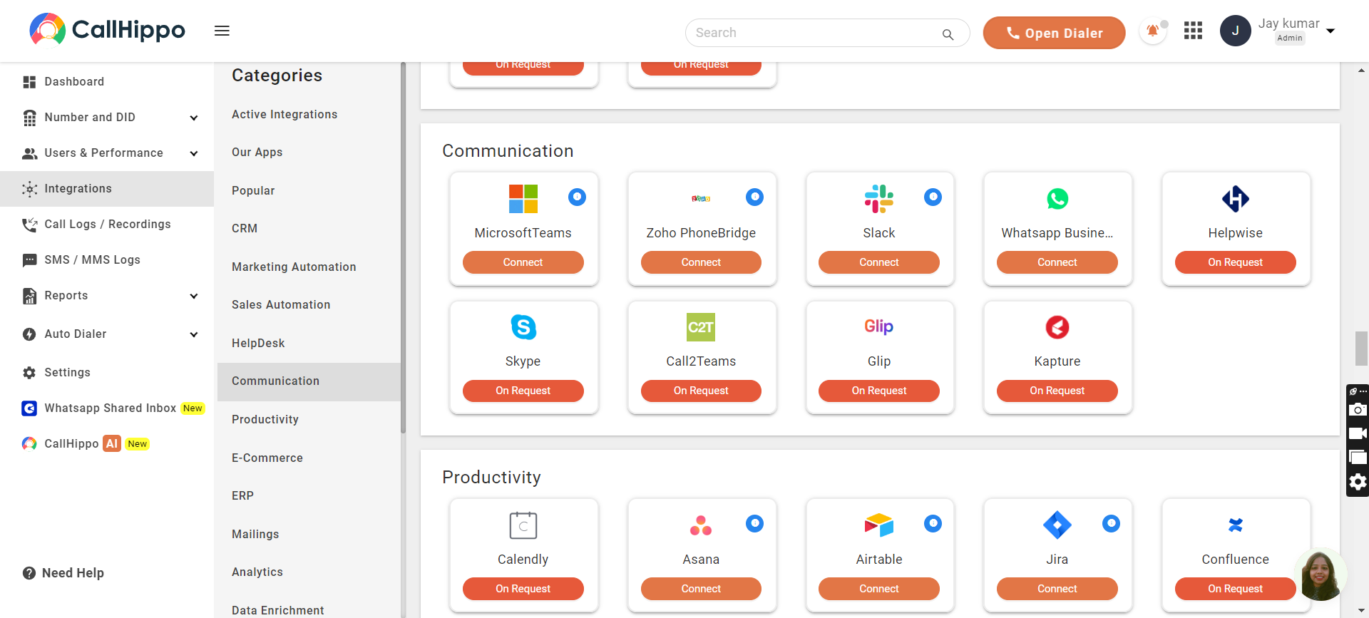 Microsoft Teams integration card with Connect button on the CallHippo Integrations page