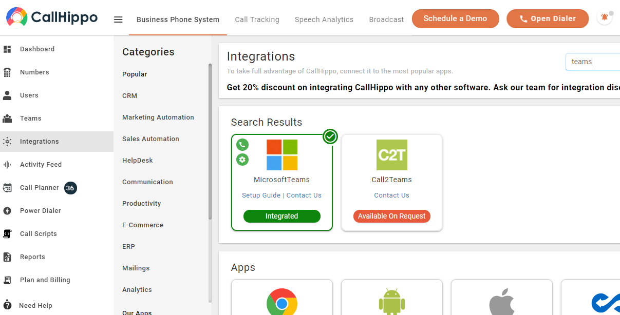 CallHippo showing Microsoft Teams integration status as Integrated
