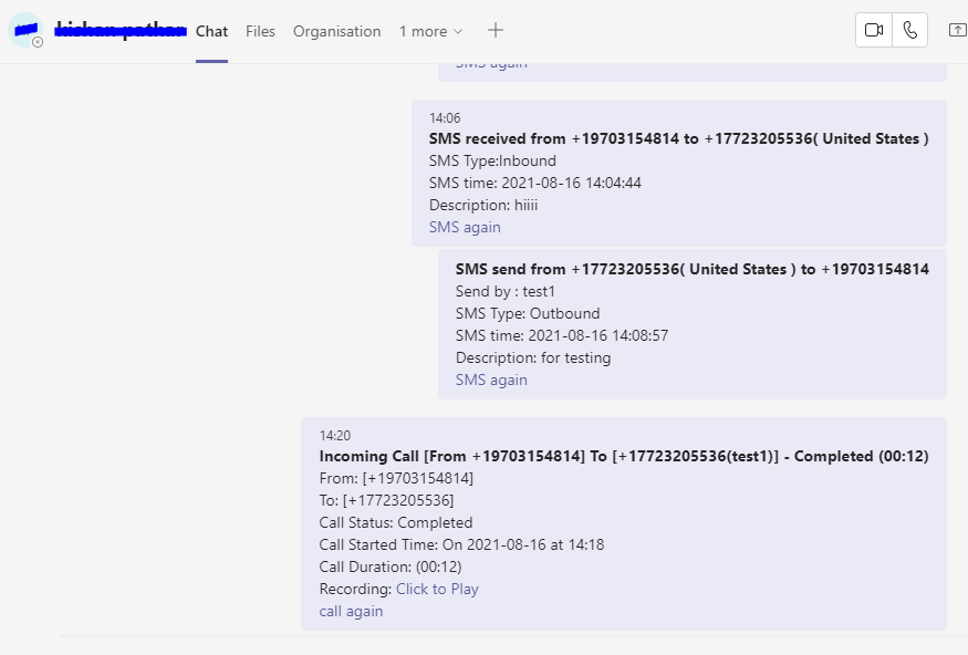 CallHippo call and SMS notifications appearing in a Microsoft Teams chat