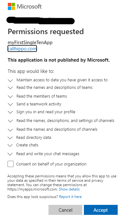 Microsoft permissions consent screen for the CallHippo Teams app