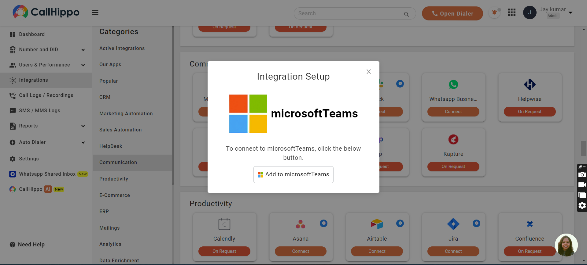 Integration Setup popup with the Add to microsoftTeams button