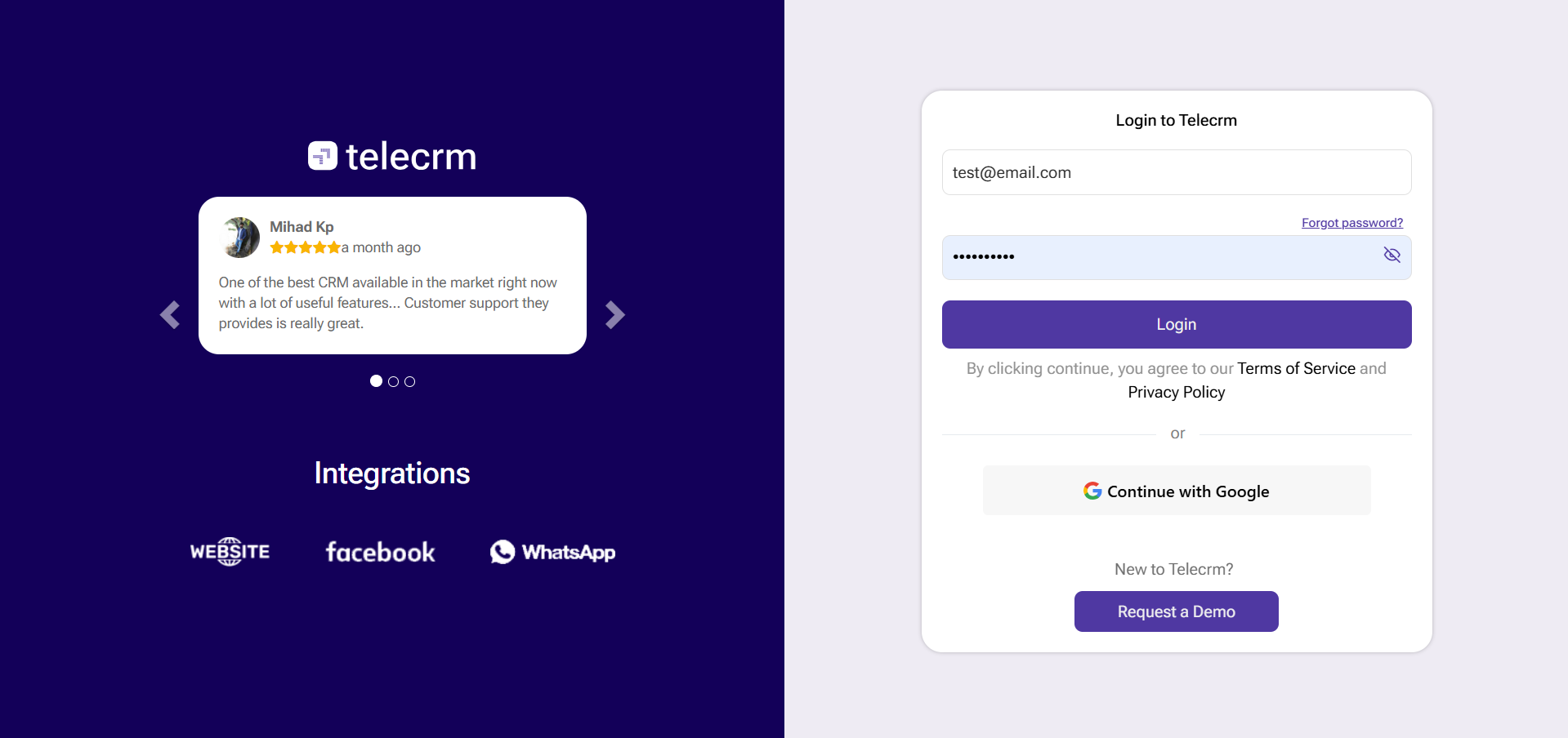 TeleCRM login screen where you sign in with your owner account