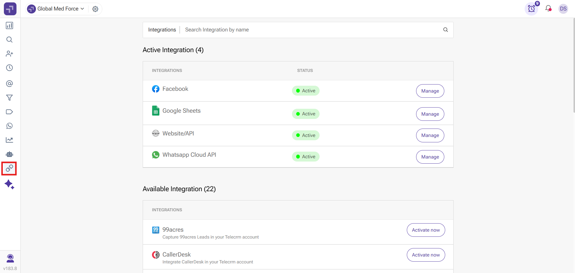 TeleCRM Integrations page with the Integrations menu icon highlighted in the left sidebar